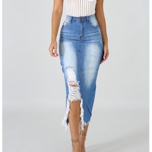 Shredded denim maxi skirt